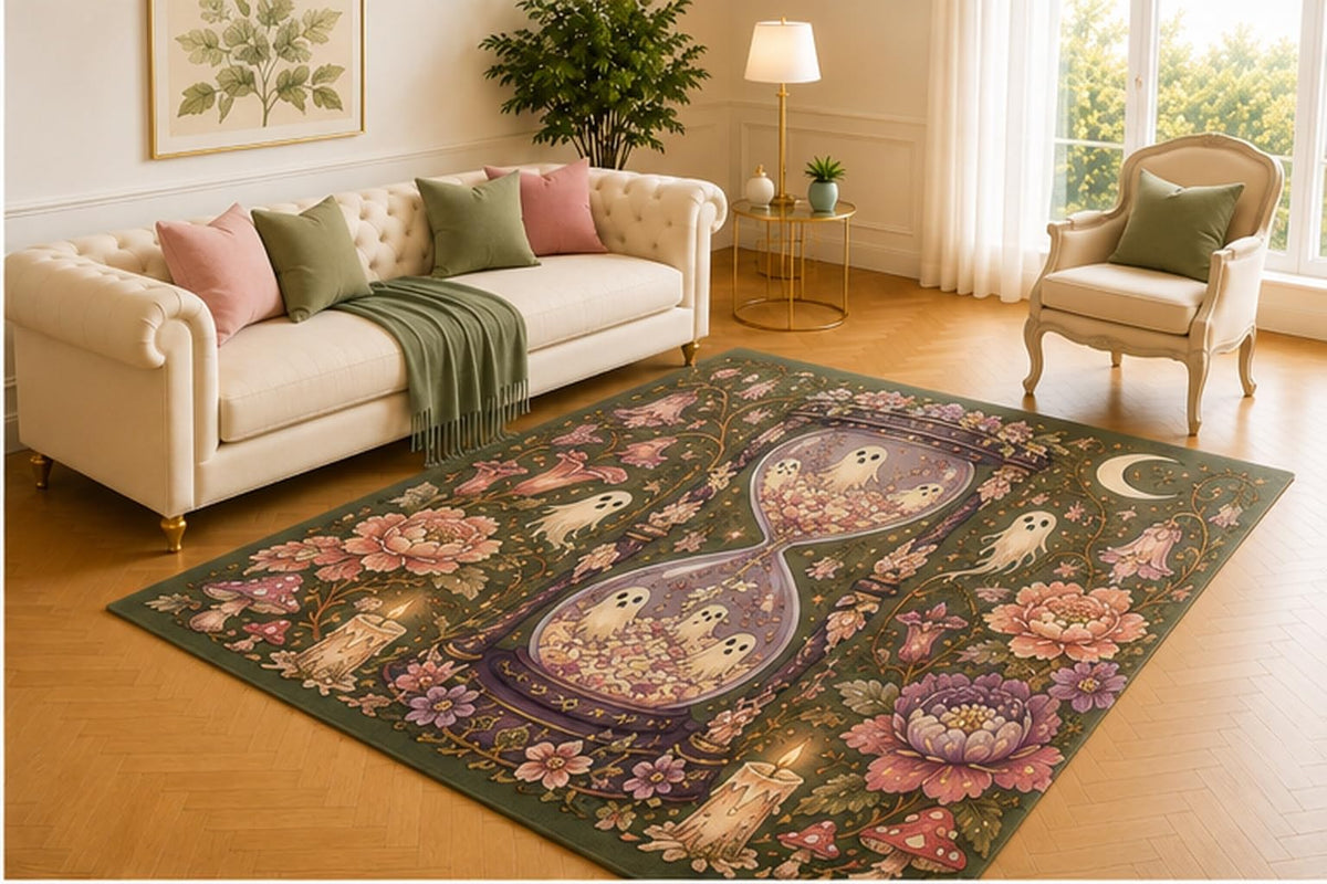 ICE ARMOR 5' x 7' Ghost Hourglass Garden Rug, Olive Floral Design with Candles, Mushrooms and Moon, Gothic Halloween Floor Accent for Bedroom, Lounge or Reading Room