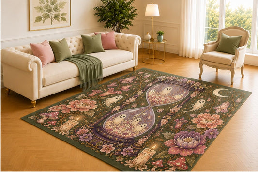 ICE ARMOR 5' x 7' Ghost Hourglass Garden Rug, Olive Floral Design with Candles, Mushrooms and Moon, Gothic Halloween Floor Accent for Bedroom, Lounge or Reading Room
