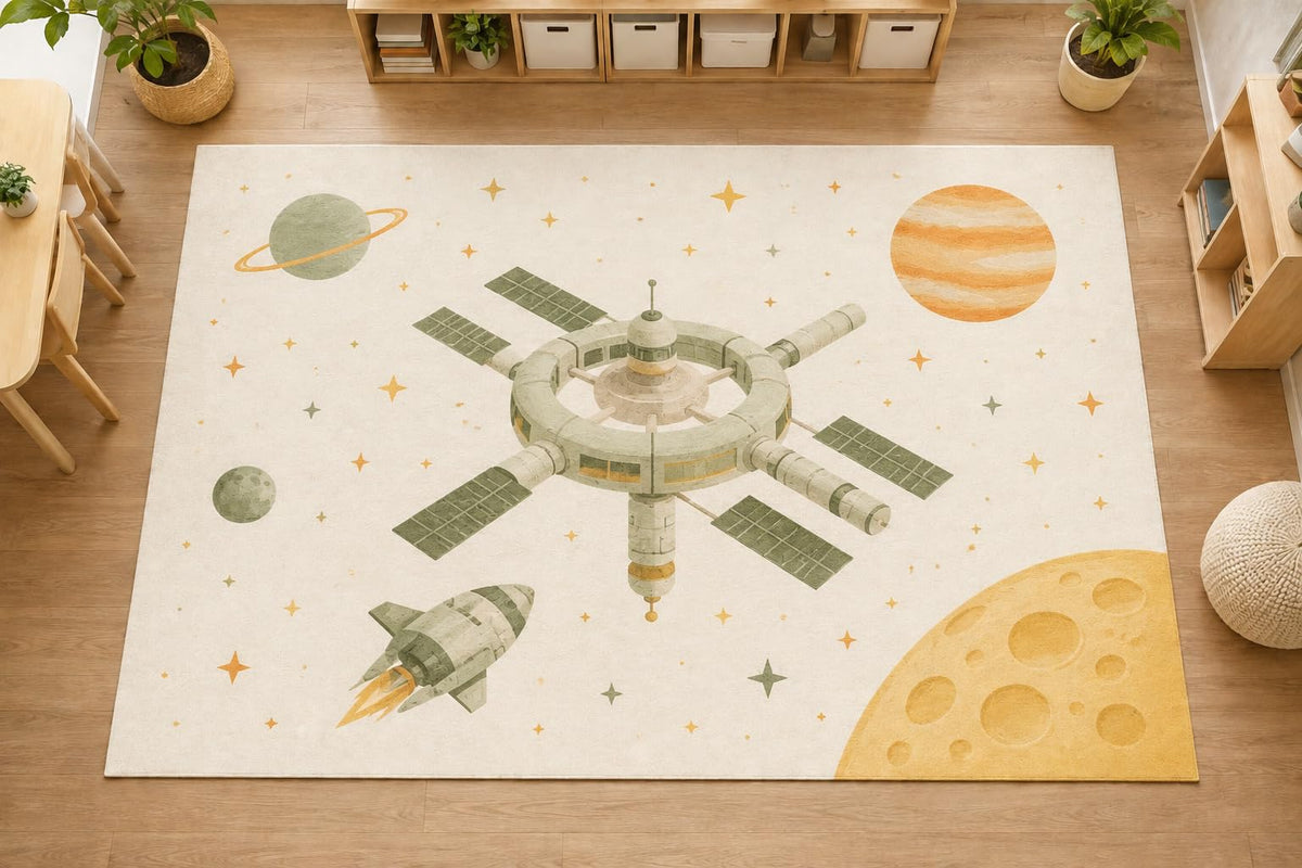 ICE ARMOR Large 6'7" x 9'10" Space Station Rocket Area Rug, Soft Low Pile Indoor Rug with Non-Slip Silicone Backing for Kids Room, Playroom, Ivory