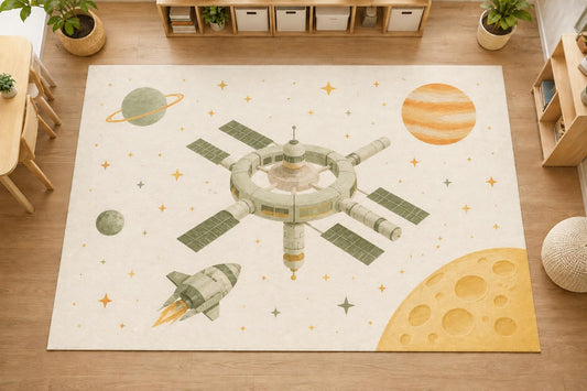 ICE ARMOR Large 6'7" x 9'10" Space Station Rocket Area Rug, Soft Low Pile Indoor Rug with Non-Slip Silicone Backing for Kids Room, Playroom, Ivory