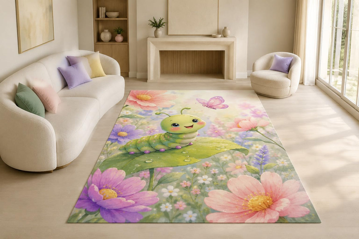 ICE ARMOR "Ultra Lightweight Large 6'7" x 9'10" Happy Caterpillar Area Rug for Living Room, Bedroom and Home Office, Soft Low Pile Carpet with Non-Slip Silicone Backing, Green and Pink
