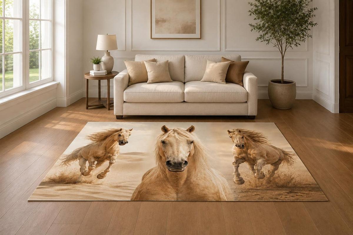 ICE ARMOR "Ultra Light Weight 5' x 7' Palomino Horse Trio Area Rug for Living Room, Bedroom and Home Office, Soft Low Pile Carpet with Non-Slip Silicone Backing, Beige and Brown