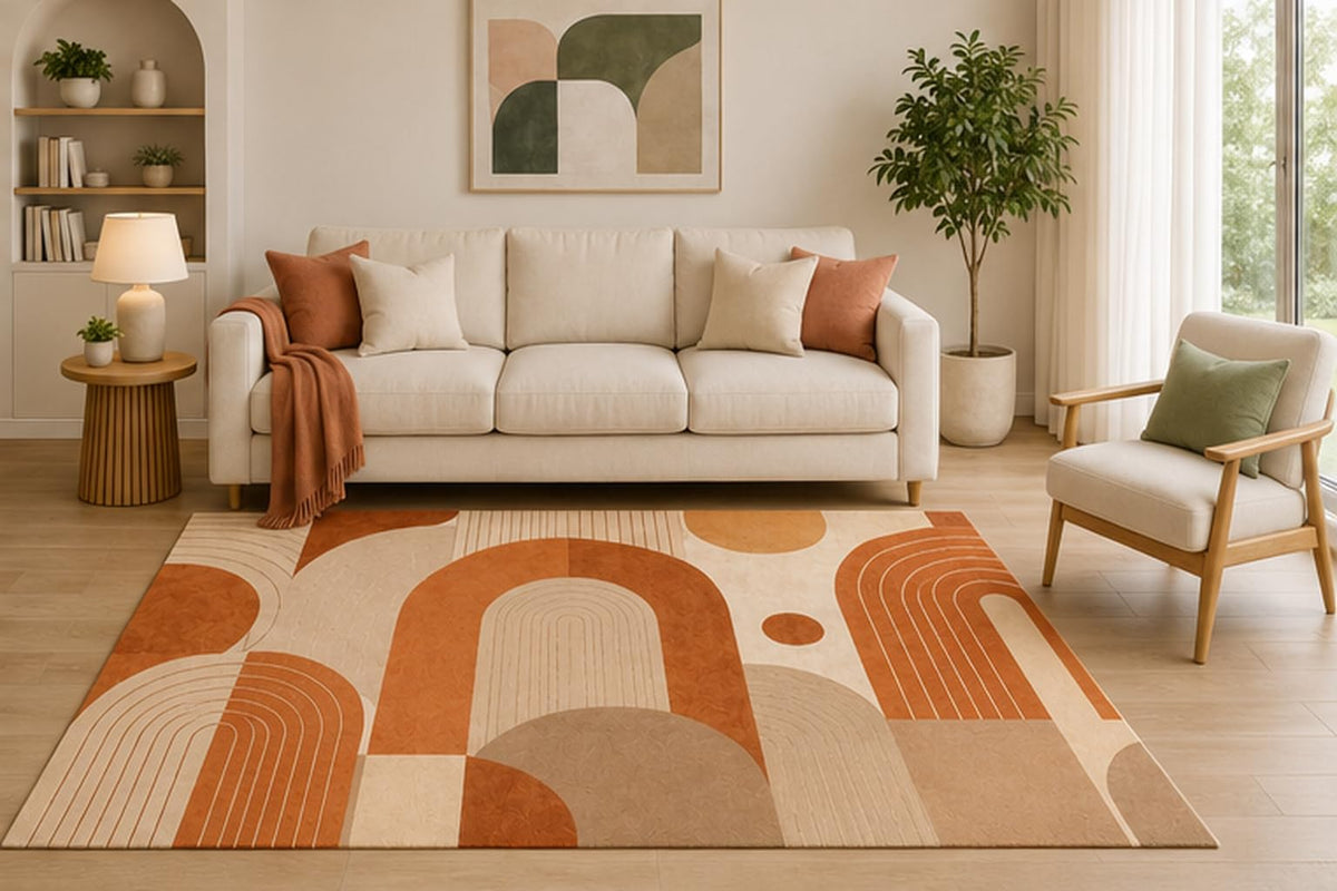 ICE ARMOR 5' x 7' Mid Century Arch Area Rug, Terracotta Beige Geometric Modern Design for Living Room Bedroom Office, Non-Slip Silicone Backing, Low Pile Carpet