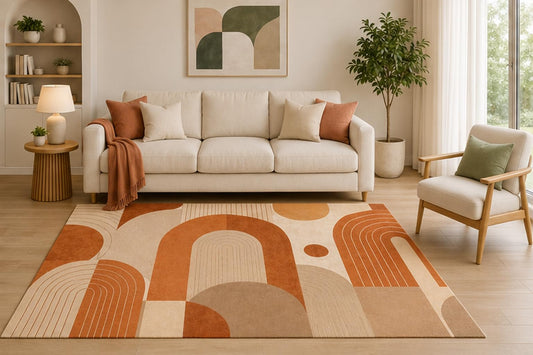ICE ARMOR 5' x 7' Mid Century Arch Area Rug, Terracotta Beige Geometric Modern Design for Living Room Bedroom Office, Non-Slip Silicone Backing, Low Pile Carpet