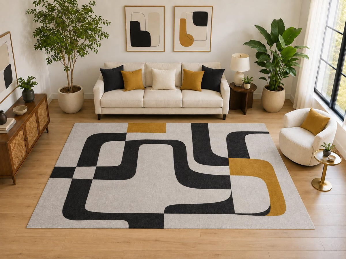 ICE ARMOR Large 6'7" x 9'10" Retro Interlocking Track Area Rug for for Bedroom, Living Room, Soft Low Pile Indoor Rug with Non-Slip Silicone Backing, Ivory Black Mustard