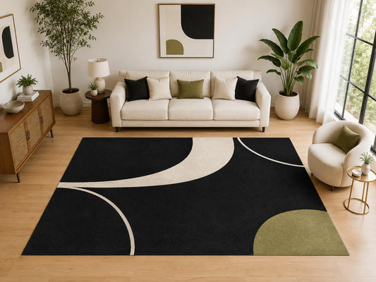 ICE ARMOR Large 6'7" x 9'10" Bold Curved Color Block Area Rug for for Bedroom, Living Room, Soft Low Pile Indoor Rug with Non-Slip Silicone Backing, Black Ivory Olive