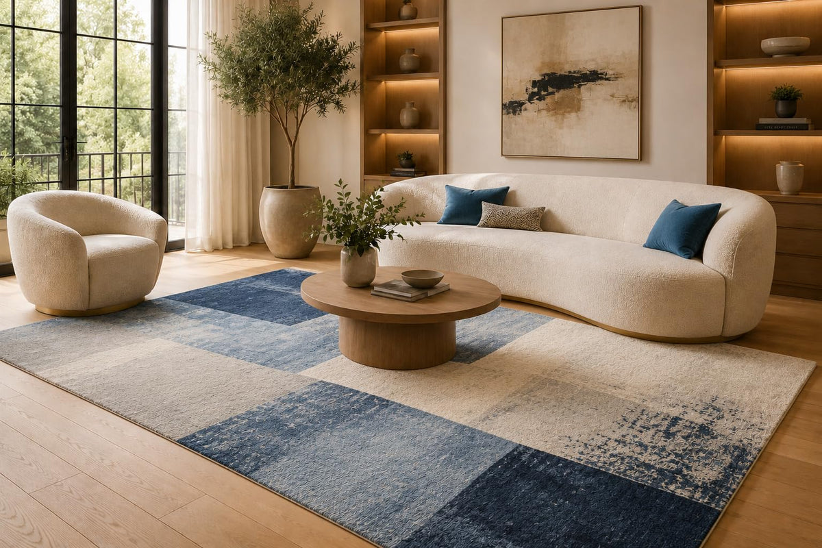 ICE ARMOR 6'7" x 9'10" Blue and Cream Geometric Patchwork Area Rug for Living Room, Soft Low Pile Carpet with Non-Slip Silicone Backing, Floor Decor for Bedroom, Dining Area and Home Office