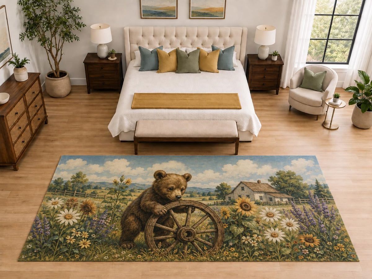 ICE ARMOR "Ultra Light Weight Large 6'7" x 9'10" Bear Cub Wagon Wheel Area Rug, Soft Low Pile Indoor Rug, Non-Slip Silicone Backing, Kids Room, Beige