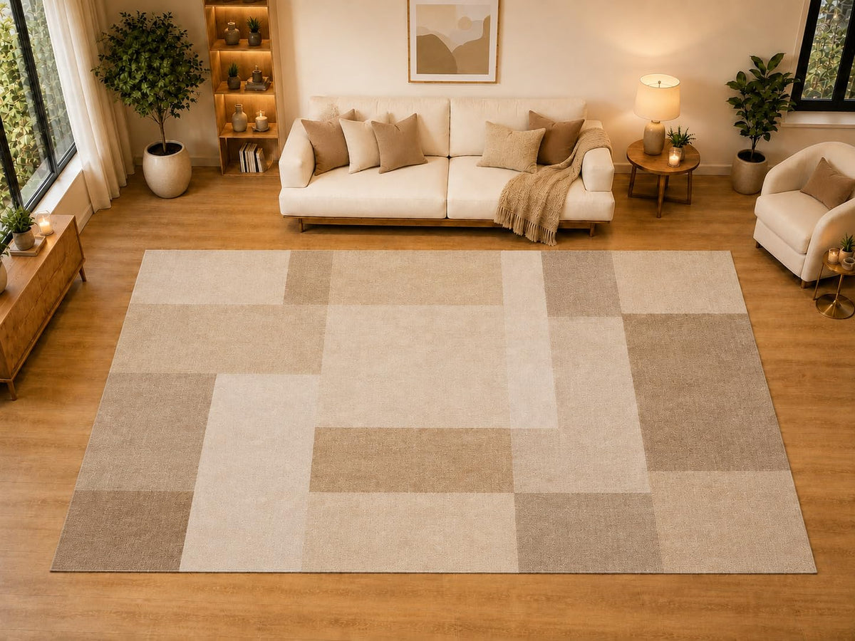 ICE ARMOR "Ultra Light Weight Large 6'7" x 9'10" Patchwork Rectangles Area Rug for Living Room, Bedroom, Dining Room, Soft Low Pile Non-Slip Backing, Greige Sand