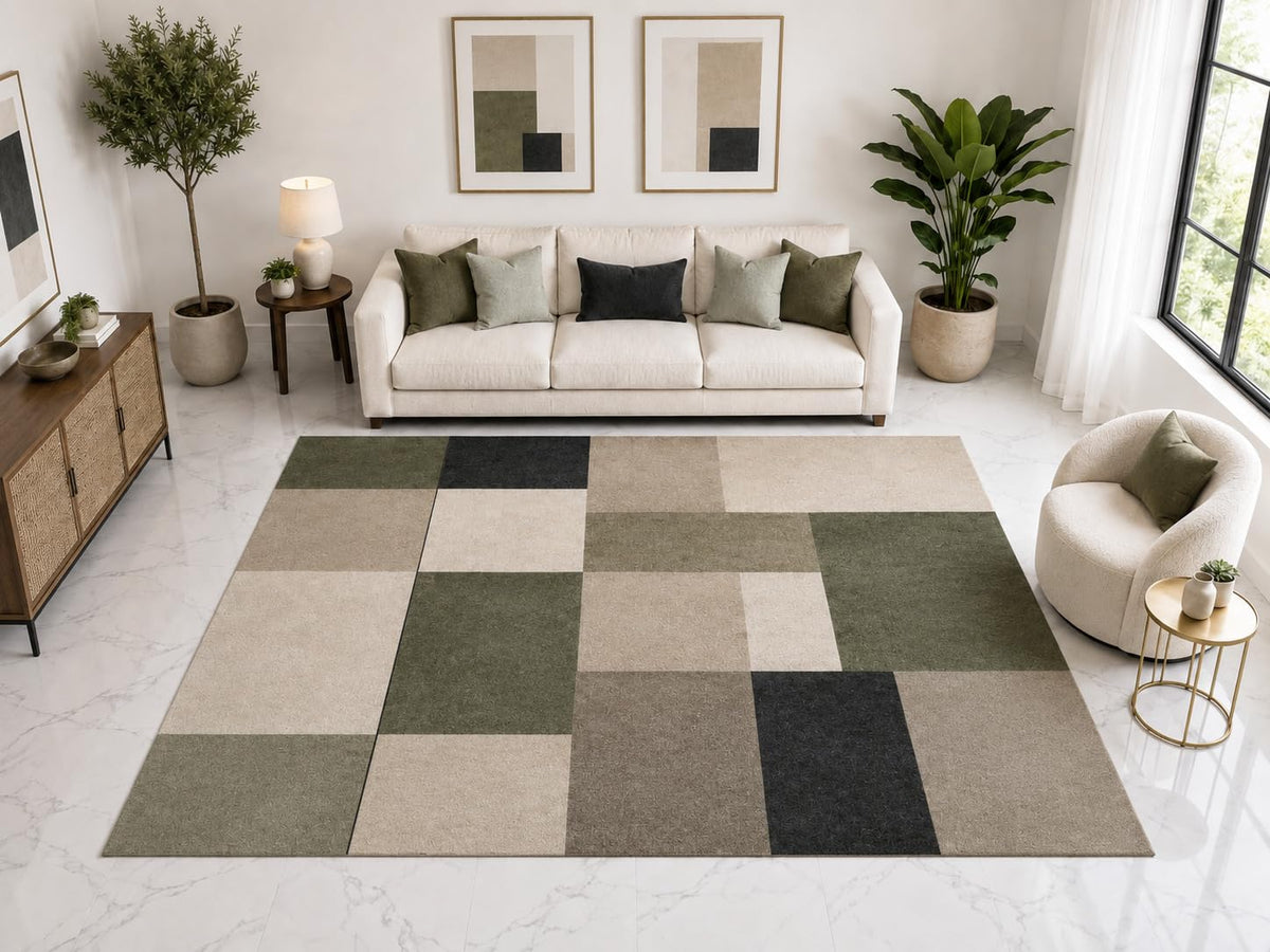 ICE ARMOR Large 6'7" x 9'10" Modern Patchwork Geometric Area Rug, Soft Low Pile Indoor Rug and Non-Slip Silicone Backing for Living Room Office, Gray Sage