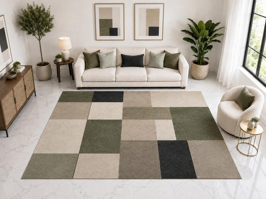 ICE ARMOR Large 6'7" x 9'10" Modern Patchwork Geometric Area Rug, Soft Low Pile Indoor Rug and Non-Slip Silicone Backing for Living Room Office, Gray Sage