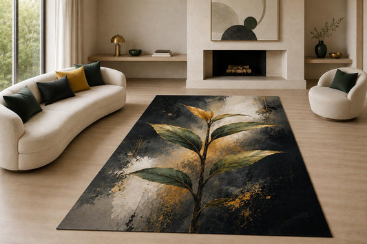 ICE ARMOR "Ultra Lightweight Large 6'7" x 9'10" Golden Sprout Area Rug for Living Room, Bedroom and Home Office, Soft Low Pile Carpet with Non-Slip Silicone Backing, Black and Golden Color