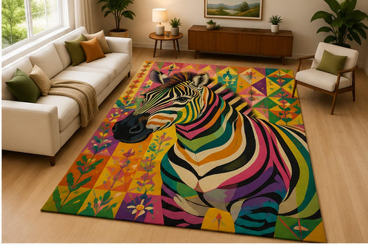 ICE ARMOR 5' x 7' Colorful Zebra Animal Area Rug Soft Low Pile Indoor Rug with Non Slip Silicone Backing Modern Wildlife Decor Carpet for Living Room Bedroom Family Room Kids and Pets Multicolor