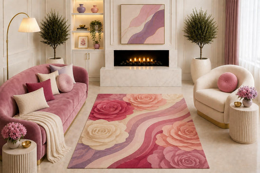 ICE ARMOR "Ultra Light Weight 5' x 7' Pink Rose Floral Area Rug Romantic Botanical Wavy Abstract Design Living Room Bedroom Nursery Decor Non-Slip Silicone Backing Low Pile
