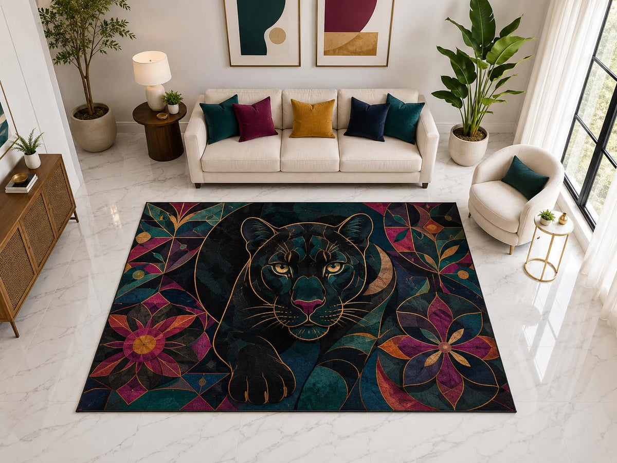 ICE ARMOR "Ultra Light Weight Large 6'7" x 9'10" Black Panther Floral Rug, Soft Low Pile Indoor Rug, Non-Slip Silicone Backing for Living Room Teal