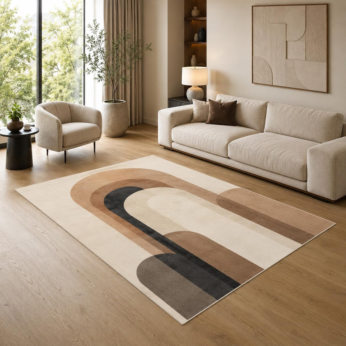 ICE ARMOR 5' x 7' Modern Geometric Arch Area Rug for Living Room, Soft Low Pile Indoor Rug with Non-Slip Silicone Backing, Decorative Carpet for Bedroom, Office, Brown