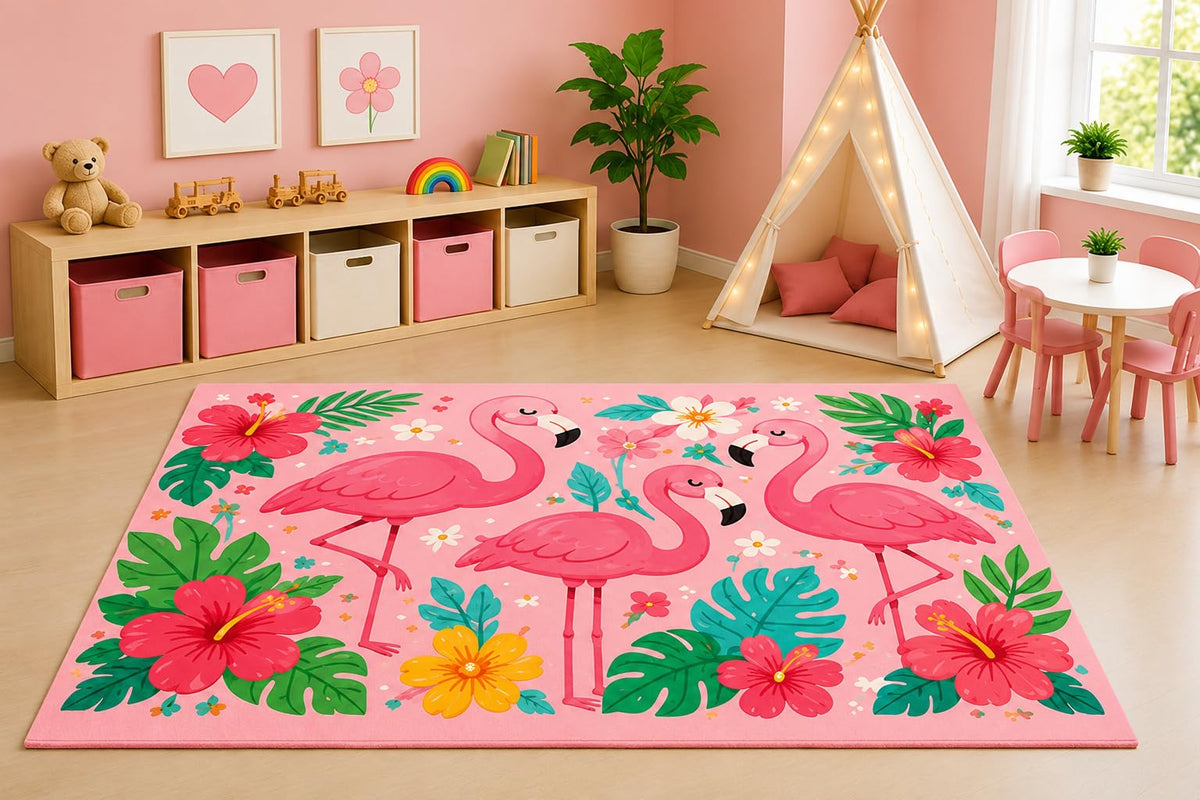 ICE ARMOR 5' x 7' Pink Flamingo Tropical Area Rug for Kids Playroom Nursery Bedroom, Cute Flamingos Hibiscus Flowers Tropical Garden Cartoon Decor, Non-Slip Silicone Backing Low Pile