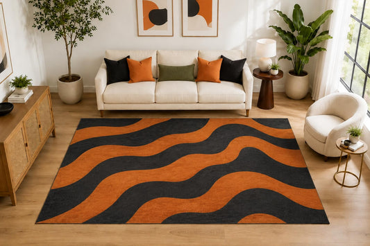 ICE ARMOR Large 6'7" x 9'10" Retro Wavy Stripe Area Rug for for Bedroom, Living Room, Soft Low Pile Indoor Rug with Non-Slip Silicone Backing, Orange Charcoal