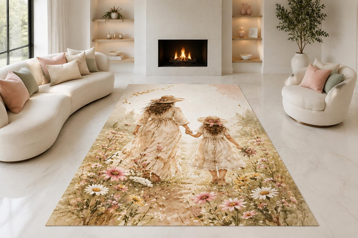 ICE ARMOR "Ultra Lightweight Large 6'7" x 9'10" Mother Daughter Meadow Area Rug for Living Room, Bedroom and Home Office, Soft Low Pile Carpet with Non-Slip Silicone Backing, Cream and Pink
