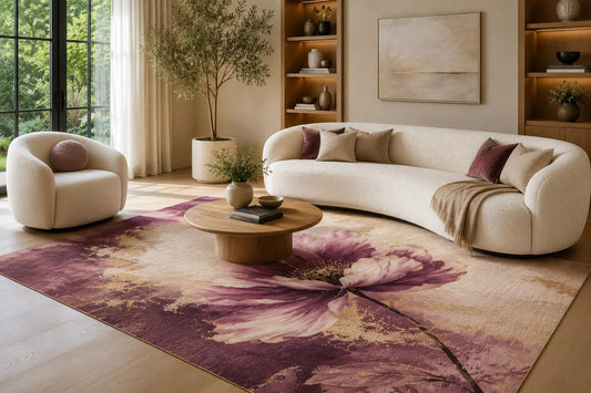 ICE ARMOR 6'7" x 9'10" Plum and Beige Watercolor Blossom Area Rug for Living Room, Soft Low Pile Carpet with Non-Slip Silicone Backing, Floor Decor for Bedroom, Dining Area and Home Office