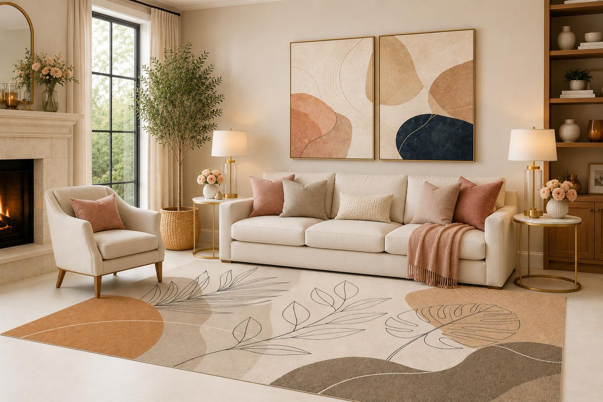 ICE ARMOR 6'7" x 9'10" Boho Botanical Line Art Area Rug for Living Room, Soft Low Pile Carpet with Non-Slip Silicone Backing, for Bedroom, Dining Area and Office, Beige, Refined Home Styling