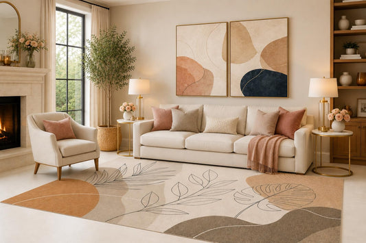 ICE ARMOR 6'7" x 9'10" Boho Botanical Line Art Area Rug for Living Room, Soft Low Pile Carpet with Non-Slip Silicone Backing, for Bedroom, Dining Area and Office, Beige, Refined Home Styling