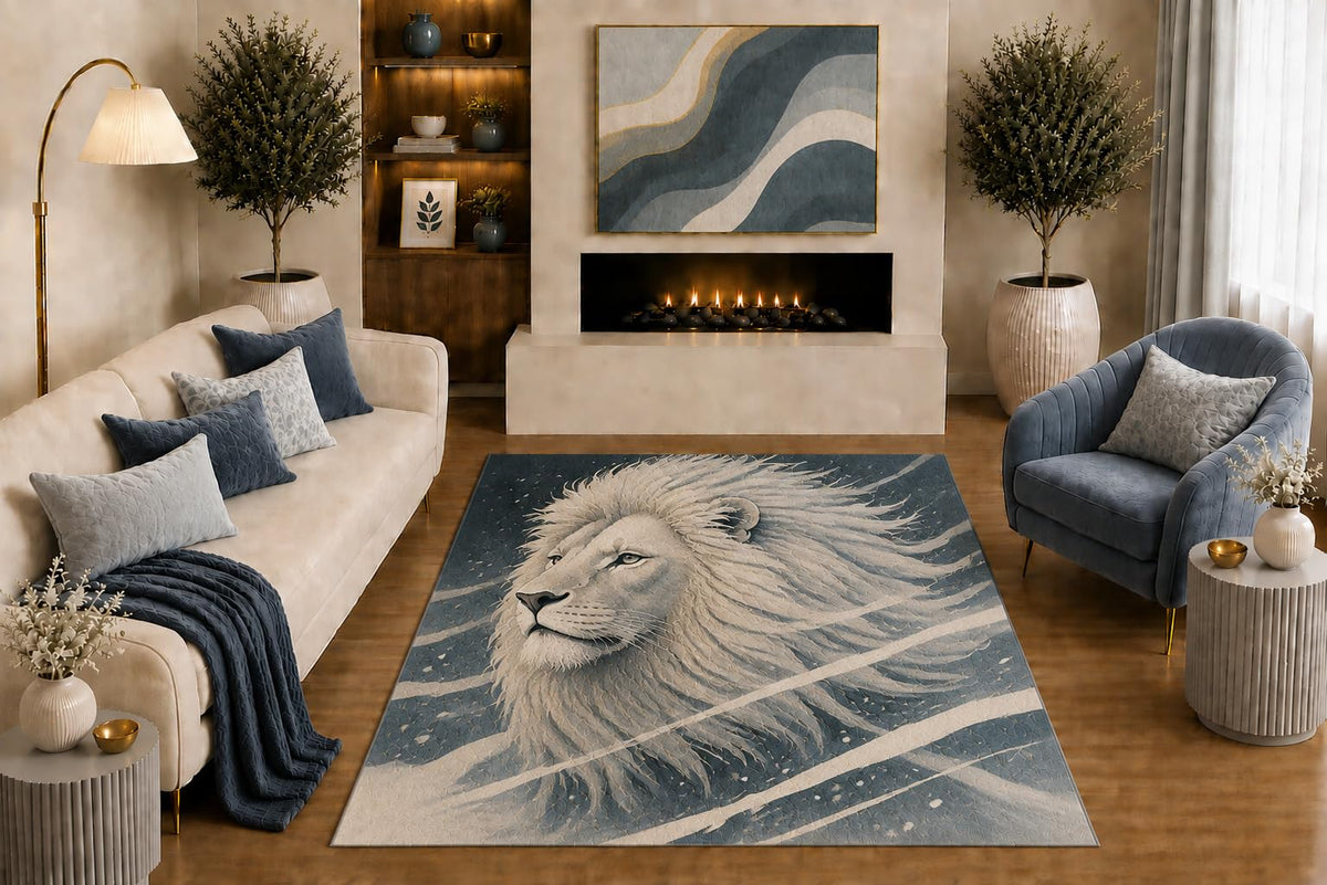 ICE ARMOR "Ultra Light Weight 5' x 7' White Lion Area Rug Modern Winter Wildlife Portrait Art Blue Gray Ivory for Living Room Bedroom Office Cabin Decor Non-Slip Silicone Backing Low Pile