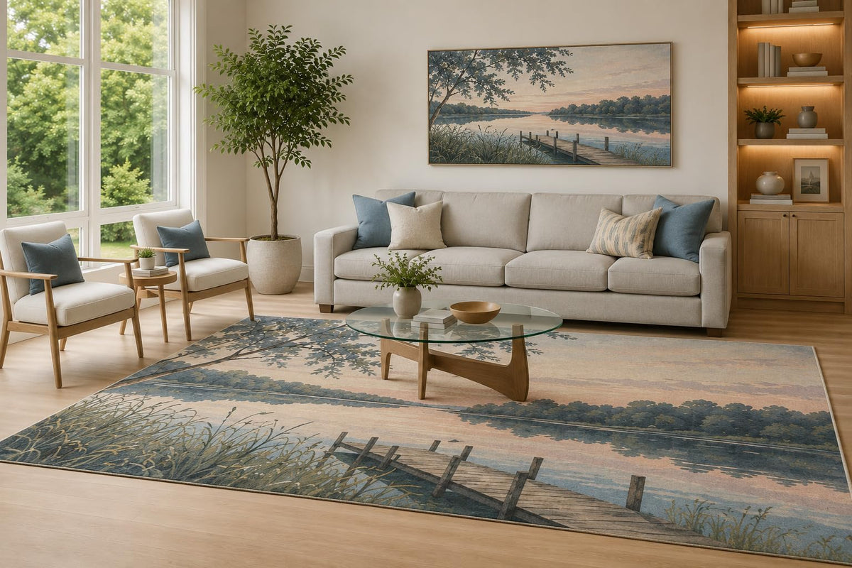 ICE ARMOR Large 6'7" x 9'10" Blue and Beige Lakeside Dock Area Rug for Living Room, Soft Low Pile Carpet with Non-Slip Silicone Backing, Decor for Bedroom and Home Office