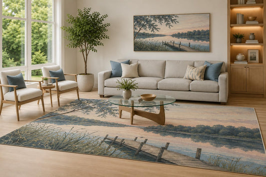 ICE ARMOR Large 6'7" x 9'10" Blue and Beige Lakeside Dock Area Rug for Living Room, Soft Low Pile Carpet with Non-Slip Silicone Backing, Decor for Bedroom and Home Office
