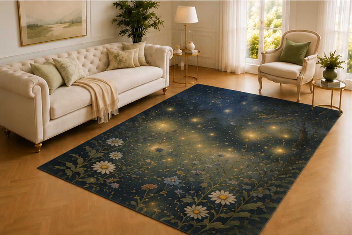 ICE ARMOR 5' x 7' Firefly Meadow Rug, Glowing Lights Among Daisies and Night Flowers, Soft Floor Cover for Living Room, Bedroom, Nursery and Magical Decor