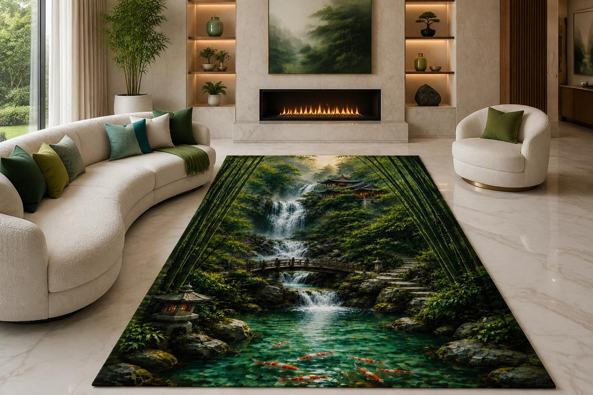 ICE ARMOR "Ultra Lightweight Large 6'7" x 9'10" Forest Stream Falls Area Rug for Living Room, Bedroom and Home Office, Soft Low Pile Carpet with Non-Slip Silicone Backing, Green and Black
