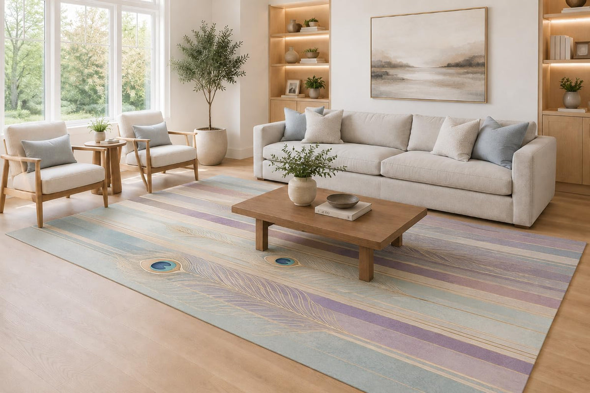 ICE ARMOR Large 6'7" x 9'10" Lavender and Light Blue Peacock Feather Stripes Area Rug for Living Room, Soft Low Pile Carpet with Non-Slip Silicone Backing, Decor for Bedroom and Home Office