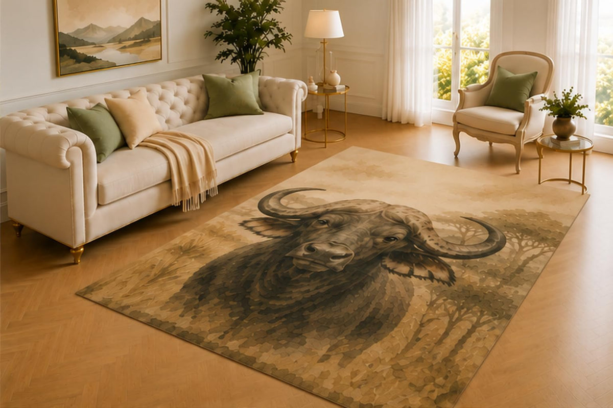 ICE ARMOR 5' x 7' African Buffalo Rug, Powerful Horned Wildlife Artwork with Savanna Scenery, Smooth Printed Floor Cover for Living Room, Study and Lodge Decor
