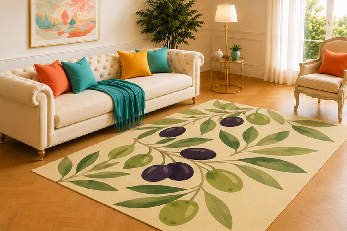 ICE ARMOR 5' x 7' Olive Branch Area Rug, Modern Mediterranean Olive Fruit Botanical Design in Green Black and Cream, Soft Low Pile Carpet for Living Room Kitchen Dining Room Decor