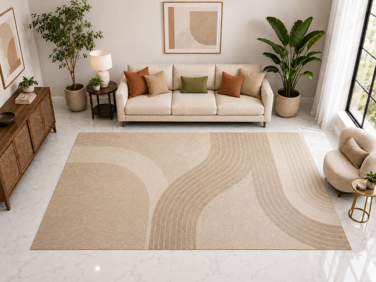 ICE ARMOR "Ultra Light Weight Large 6'7" x 9'10" Abstract Arch Rug, Soft Low Pile Indoor Rug, Non-Slip Silicone Backing Living Room Beige