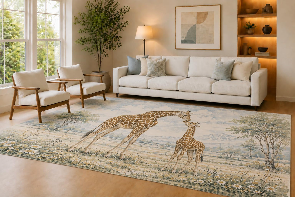 ICE ARMOR Large 6'7" x 9'10" Beige and Blue Giraffe Family Area Rug for Living Room, Soft Low Pile Carpet with Non-Slip Silicone Backing, Decor for Bedroom Dining Room and Home Office