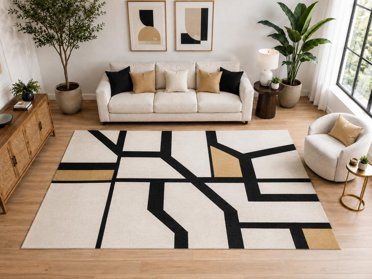 ICE ARMOR Large 6'7" x 9'10" Abstract Branching Line Area Rug for for Bedroom, Living Room, Soft Low Pile Indoor Rug with Non-Slip Silicone Backing, Ivory Black Mustard