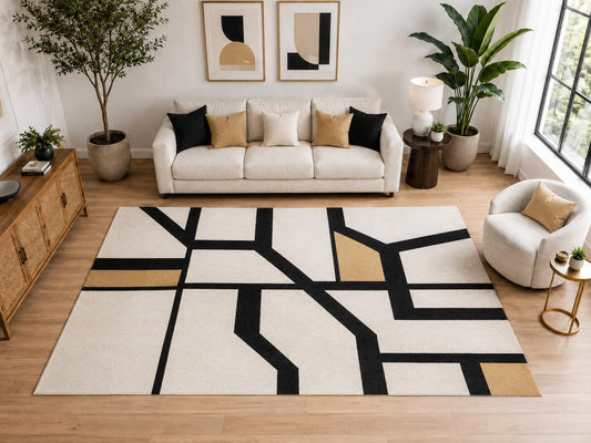 ICE ARMOR Large 6'7" x 9'10" Abstract Branching Line Area Rug for for Bedroom, Living Room, Soft Low Pile Indoor Rug with Non-Slip Silicone Backing, Ivory Black Mustard