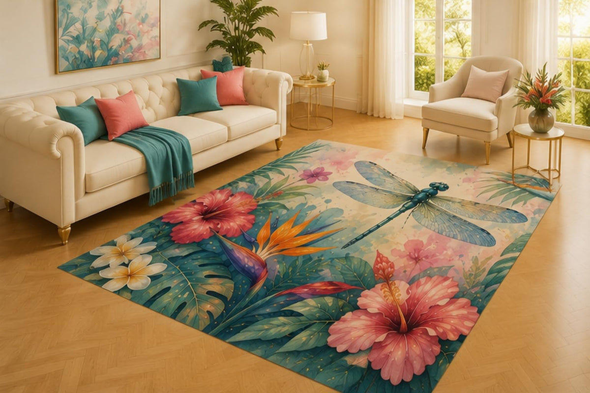 ICE ARMOR 5' x 7' Tropical Dragonfly Rug, Blue Insect Flying Among Hibiscus, Bird of Paradise and Lush Leaves, Soft Floor Cover for Living Room, Bedroom and Tropical Decor