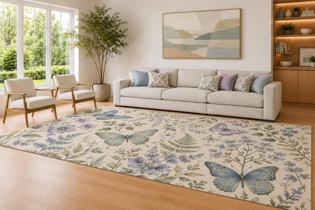 ICE ARMOR Large 6'7" x 9'10" Cream and Lavender Butterfly Floral Area Rug for Living Room, Soft Low Pile Carpet with Non-Slip Silicone Backing, Decor for Bedroom and Home Office