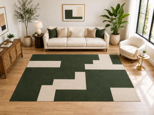 ICE ARMOR Large 6'7" x 9'10" Minimal Stepped Block Area Rug for for Bedroom, Living Room, Soft Low Pile Indoor Rug with Non-Slip Silicone Backing, Forest Green Ivory