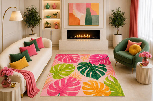 ICE ARMOR "Ultra Light Weight 5' x 7' Pink Tropical Monstera Leaf Area Rug Colorful Botanical Art Decor for Living Room Bedroom Girls Room Sunroom Non-Slip Silicone Backing Low Pile