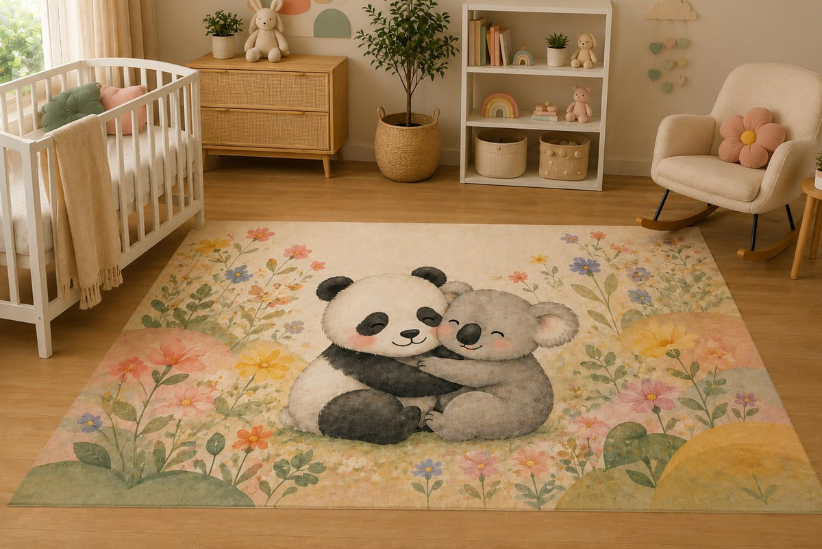 ICE ARMOR 5' x 7' Panda and Koala Hug Floral Area Rug for Nursery, Soft Low Pile Indoor Rug with Non-Slip Silicone Backing, Kids Room, Playroom, Kids & Pets, Beige Pastel