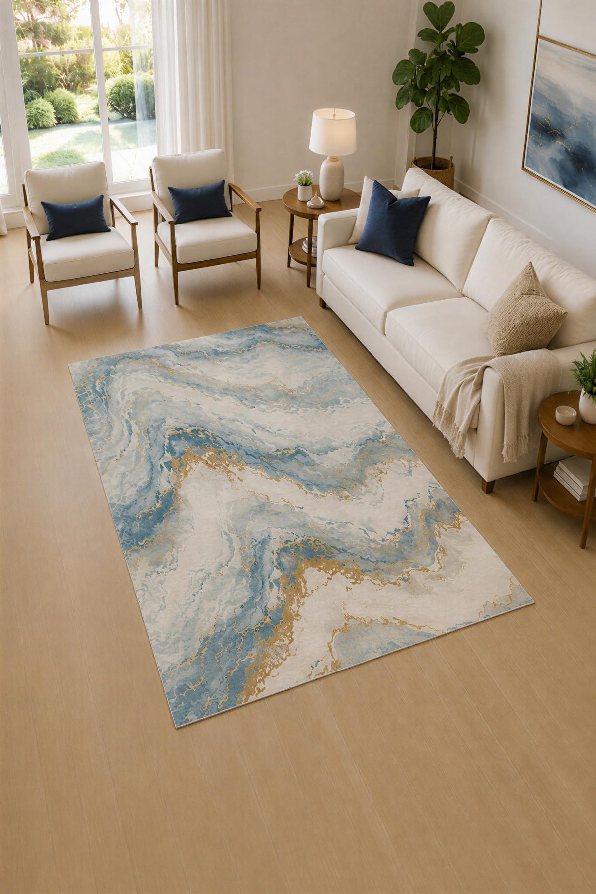 ICE ARMOR 5' x 7' Blue and Ivory Cloud Marble Area Rug for Living Room, Soft Low Pile Carpet with Non-Slip Silicone Backing, Decor for Bedroom and Home Office