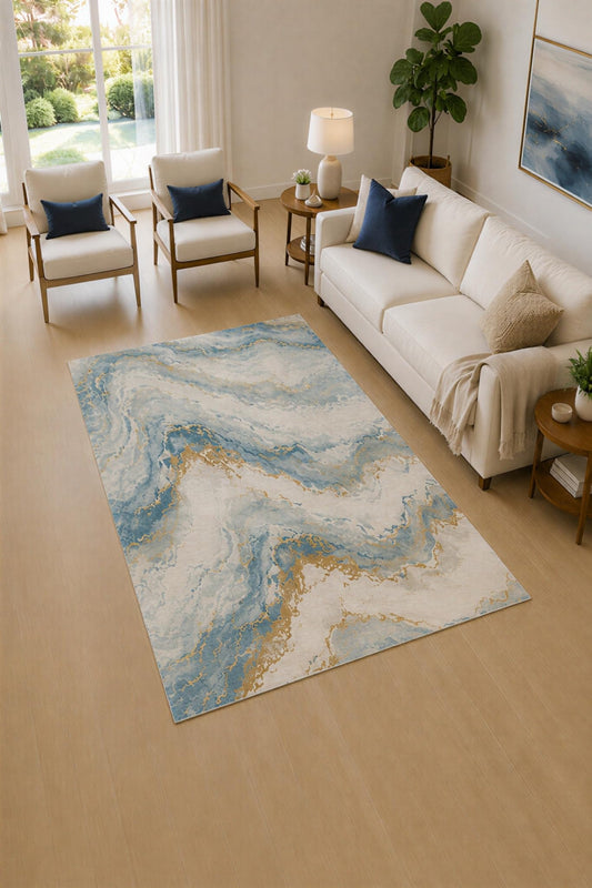 ICE ARMOR 5' x 7' Blue and Ivory Cloud Marble Area Rug for Living Room, Soft Low Pile Carpet with Non-Slip Silicone Backing, Decor for Bedroom and Home Office
