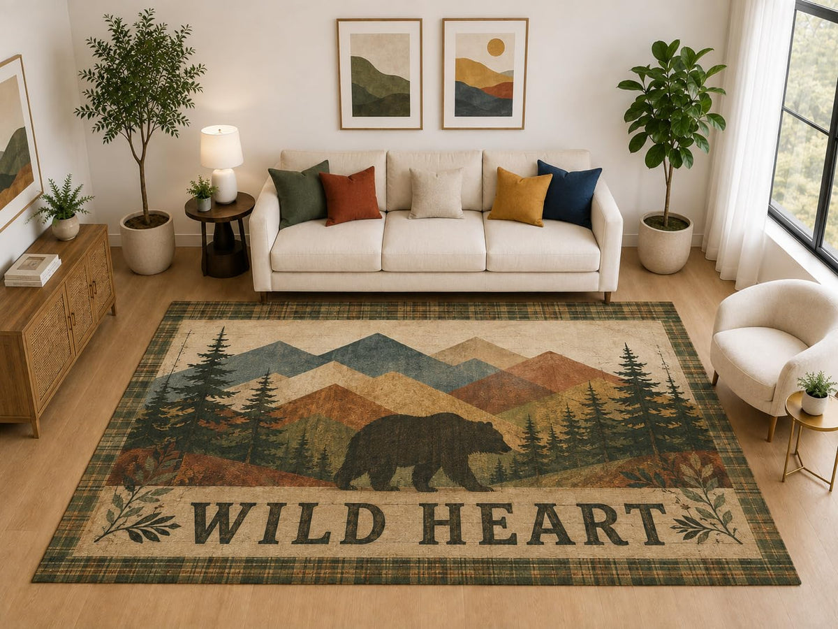 ICE ARMOR "Ultra Light Weight Large 6'7" x 9'10" Wild Heart Bear Mountain Rug, Soft Low Pile Indoor Rug, Non-Slip Silicone Backing, Living Room Green