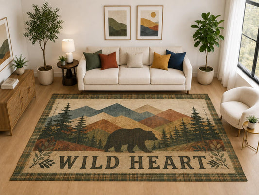 ICE ARMOR "Ultra Light Weight Large 6'7" x 9'10" Wild Heart Bear Mountain Rug, Soft Low Pile Indoor Rug, Non-Slip Silicone Backing, Living Room Green