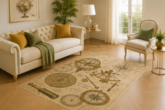 ICE ARMOR 5' x 7' Antique Navigation Instrument Area Rug for Living Room, Soft Low Pile Carpet with Non-Slip Silicone Backing for Bedroom, Study, Office, Kids and Pets