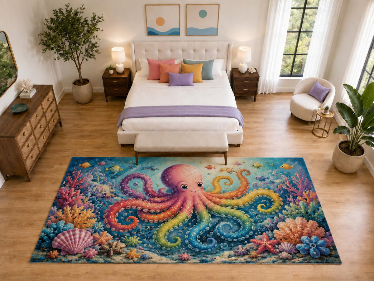 ICE ARMOR "Ultra Light Weight Large 6'7" x 9'10" Rainbow Octopus Rug Playroom, Soft Low Pile Indoor Rug and Non-Slip Silicone Backing, Aqua
