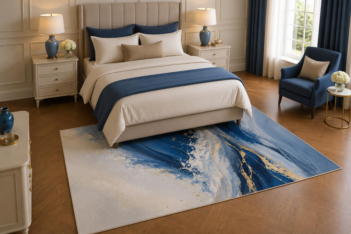 ICE ARMOR 5' x 7' Blue Ocean Wave Area Rug, Abstract Coastal Marble Art Living Room Bedroom Office Decor, Non-Slip Silicone Backing Low Pile Carpet